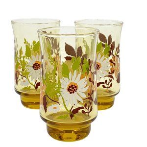 3 Vintage Amber Juice Glass 4" Drink Drinking 6 oz Floral White Flower Retro MCM